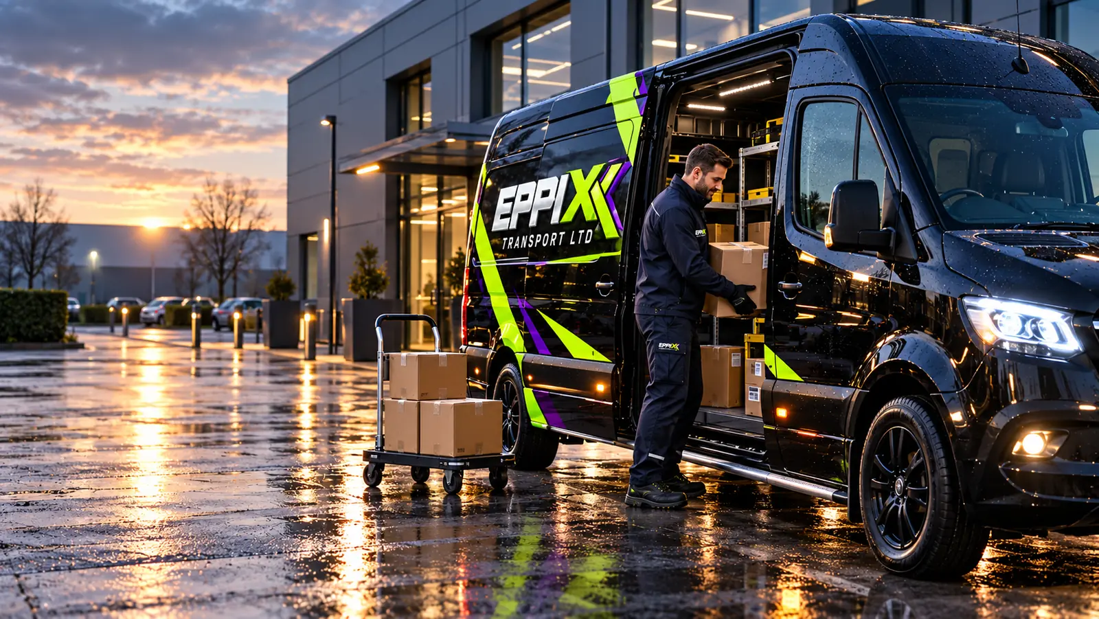 Courier loading parcels into a branded van